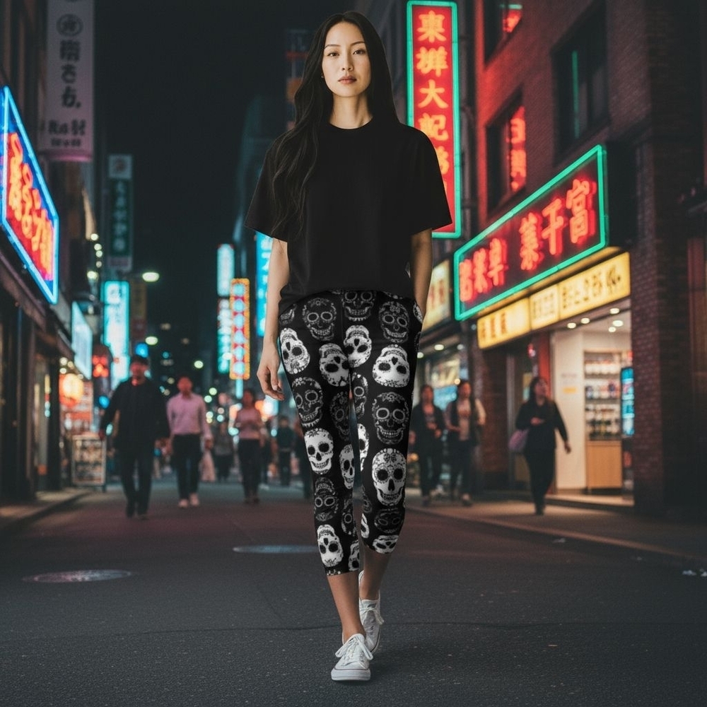 2 Pair of Sugar Skull Stretch Capri Leggings Bundle black & white M - 3-5